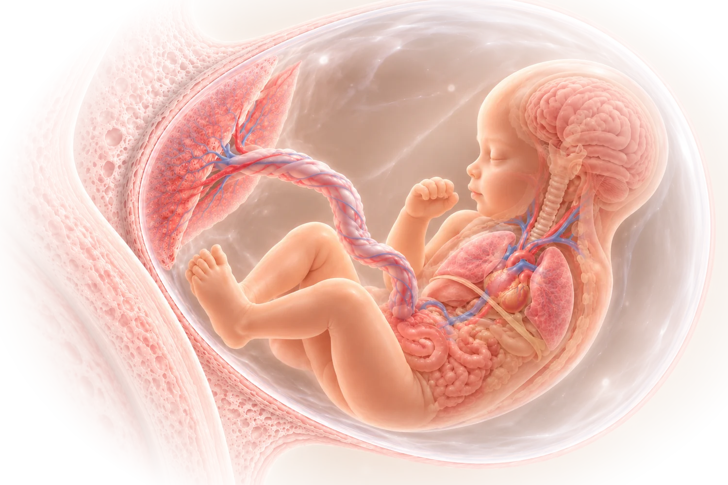 Illustration of a baby at 20 weeks of pregnancy, with the placenta and umbilical cord