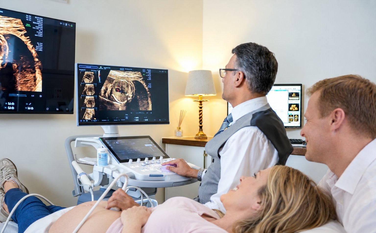 Fetal medicine consultant performing a growth and Doppler scan at The Pregnancy Clinic, Sevenoaks