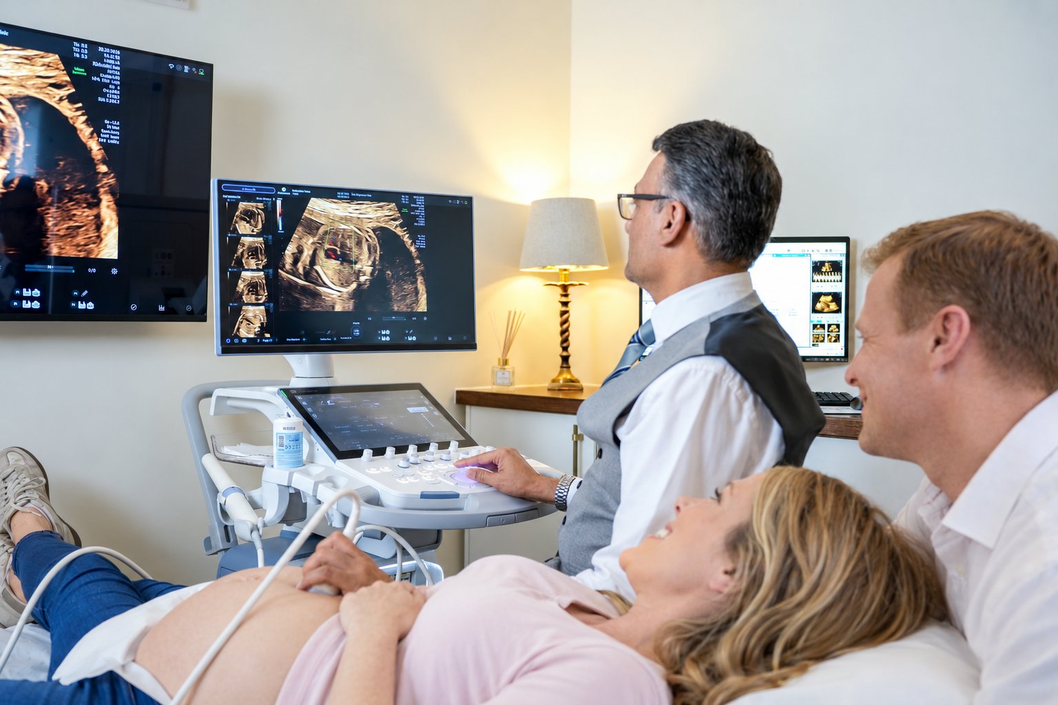 Fetal medicine consultant performing a detailed anatomy scan while a couple watch their baby on screen at The Pregnancy Clinic, Sevenoaks