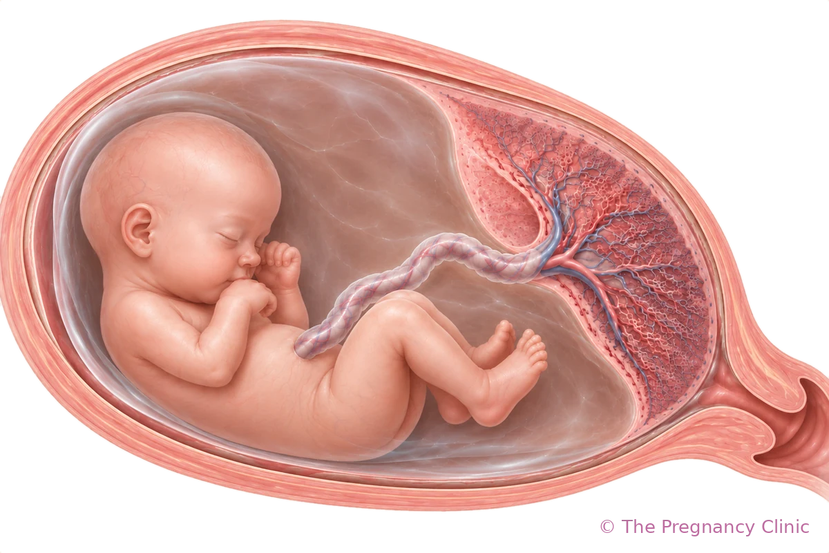 Illustration of a baby in the womb with a low-lying placenta covering the cervix (placenta praevia), assessed at the anatomy scan