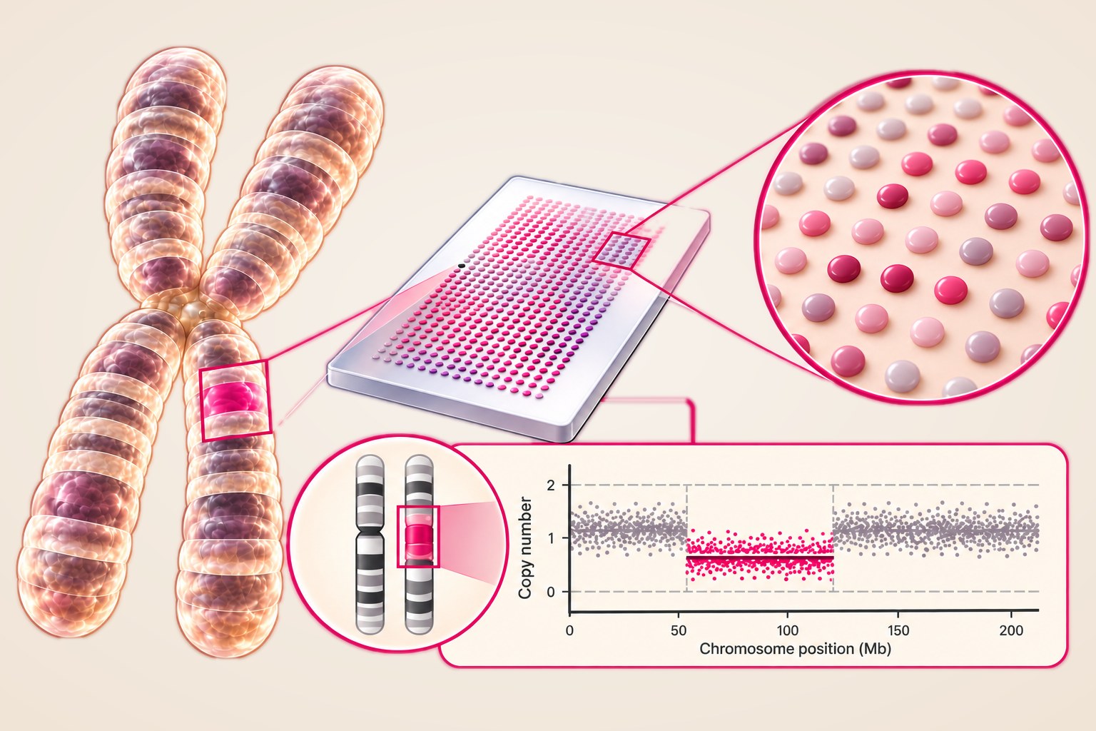 Illustration of chromosome microarray testing showing a copy number change