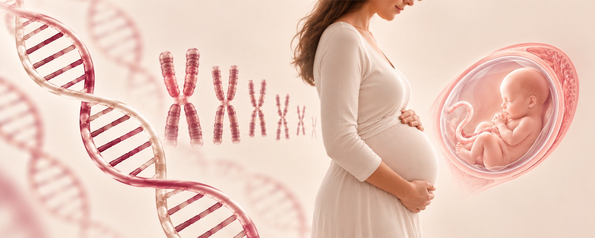 Illustration of DNA, chromosomes, a pregnant woman and a baby in the womb, representing genetics in pregnancy