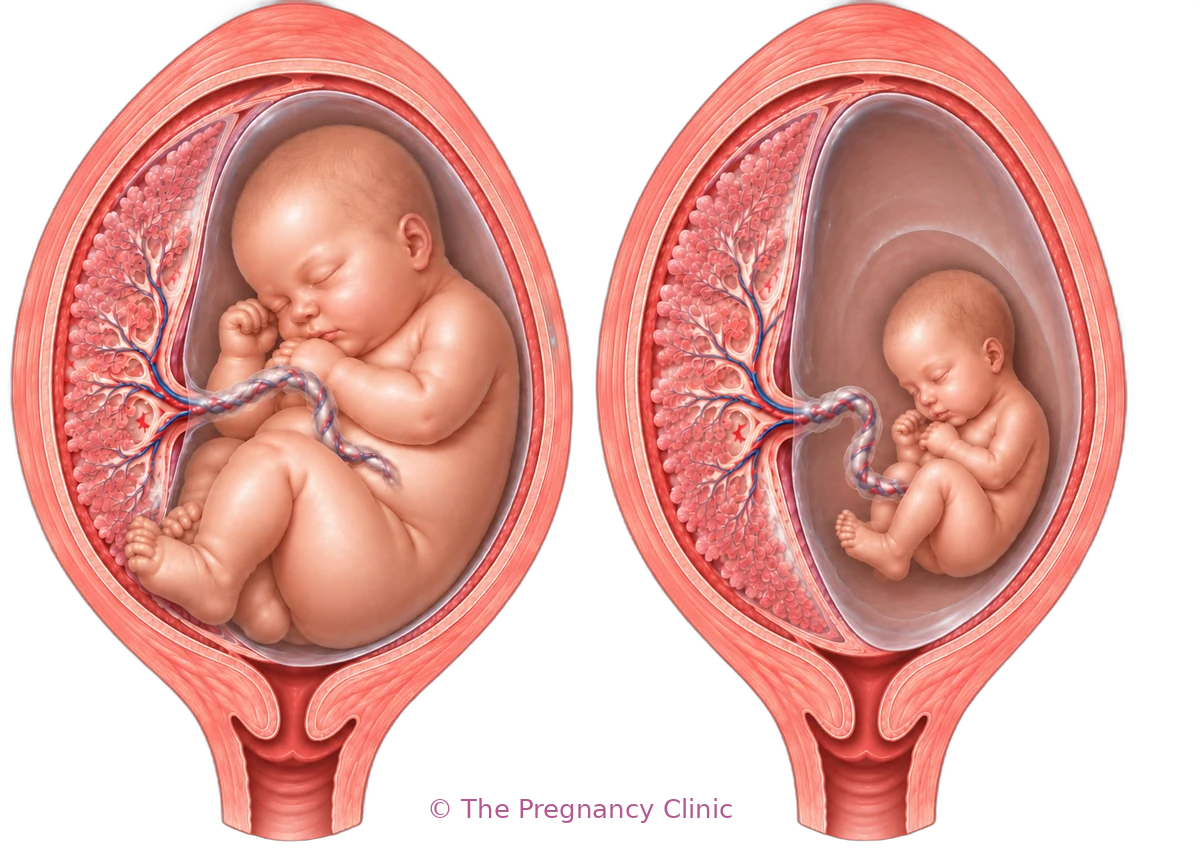 Illustration comparing a large baby and a small baby in the womb, assessed at a third-trimester growth scan