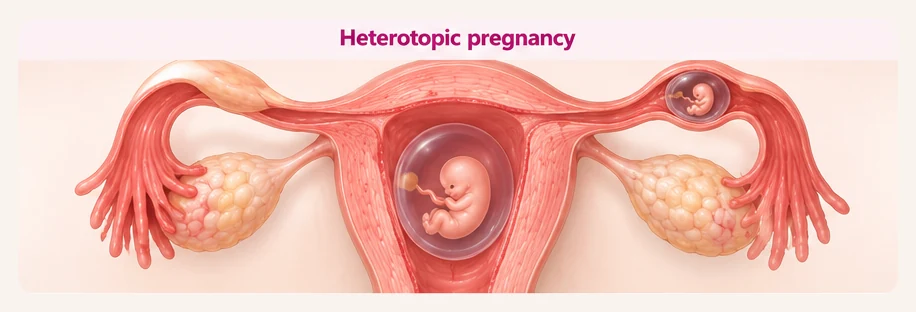Illustration of a heterotopic pregnancy: one pregnancy inside the uterus and a second pregnancy in a fallopian tube