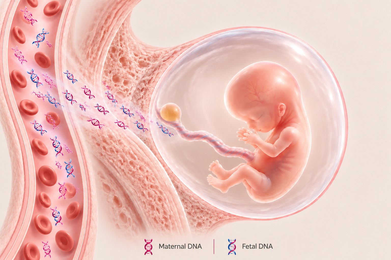 Illustration of NIPT showing maternal and fetal DNA fragments in the mother’s bloodstream during pregnancy