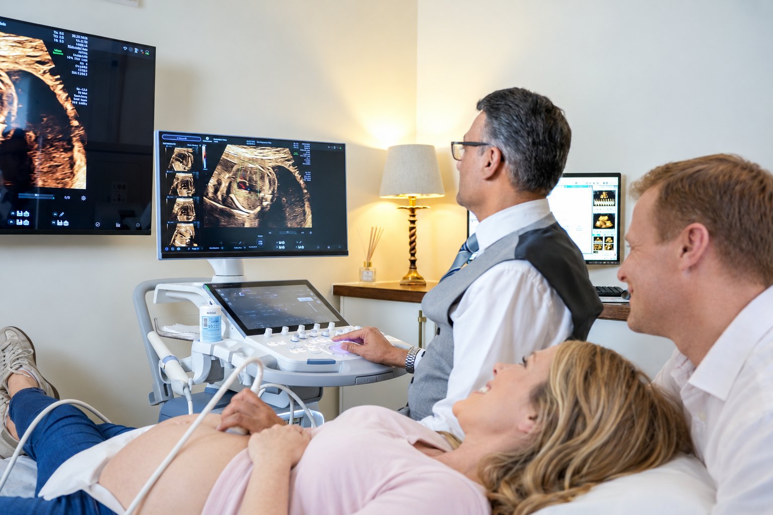 Professor Ranjit Akolekar performing a detailed pregnancy ultrasound scan with a couple at The Pregnancy Clinic